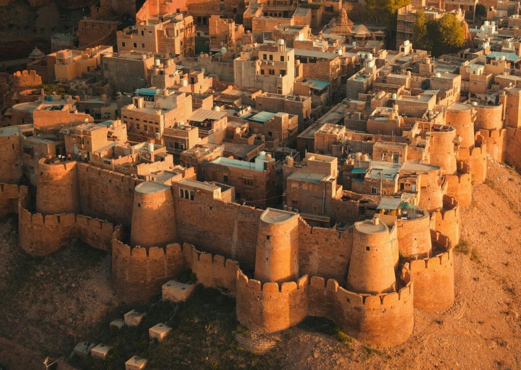 An aerial view of majestic forts in Rajasthan, India, showcasing their grandeur and historical significance