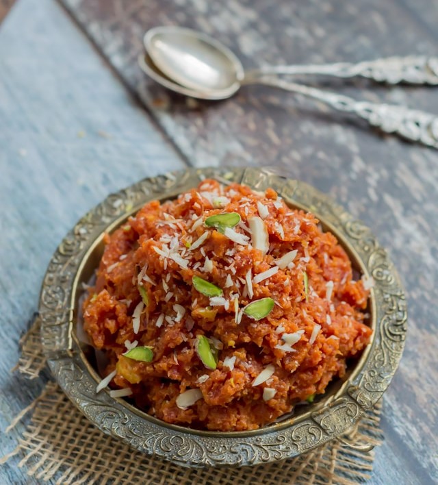 Delicious Gajar Halwa, a traditional Indian dessert made with carrots, milk, sugar, and nuts