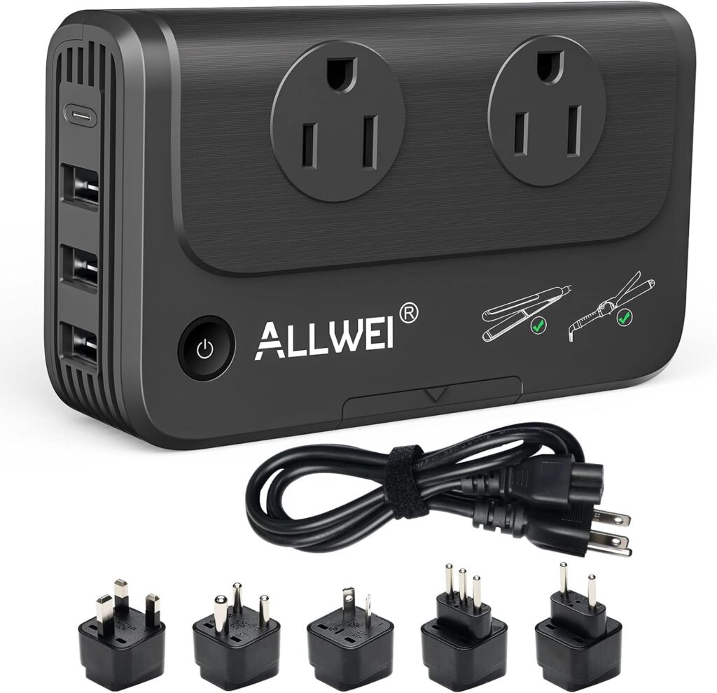 ALLWEI Travel Voltage Converter 220V to 110V Power International Travel Adapter for Hair Straightener/Curling Iron, Universal Power Plug Adapter UK, US, AU, EU, IT, India (Black)