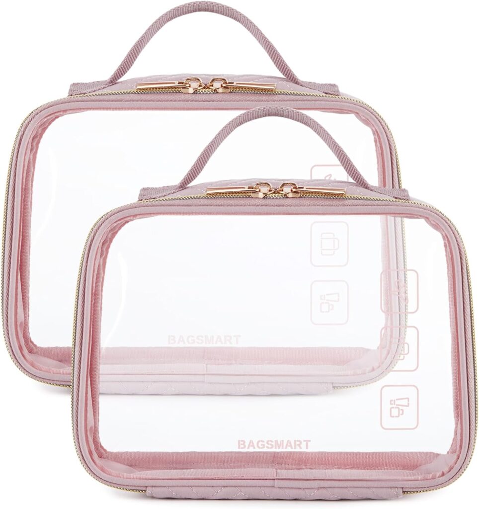 BAGSMART Clear Makeup Bags, 2 Pack TSA Approved Toiletry Bag with Handle Large Opening, Cosmetic Bag Organizer, Quart Size Travel Bag for Toiletries, Carry-on Travel Accessories Essentials,Pink-2pcs