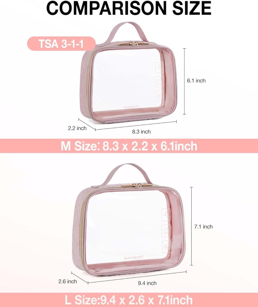 BAGSMART Clear Makeup Bags, 2 Pack TSA Approved Toiletry Bag with Handle Large Opening, Cosmetic Bag Organizer, Quart Size Travel Bag for Toiletries, Carry-on Travel Accessories Essentials,Pink-2pcs