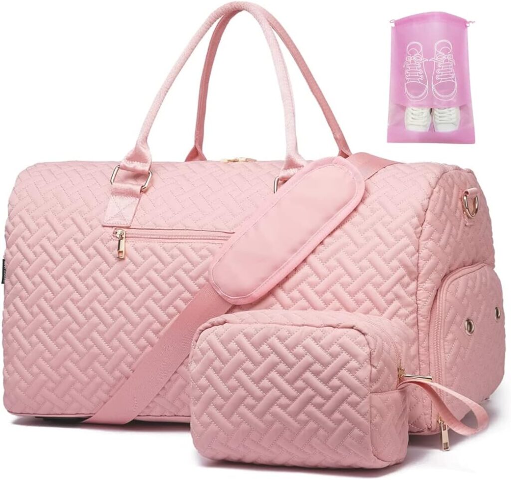 Duffle Bag for Travel, Weekender Bag with Shoe Compartment, Carry On Overnight Bag for Women with Toiletry Bag, 50L Gym Bag with Wet Pocket, Hospital Bags for Labor and Delivery Pink