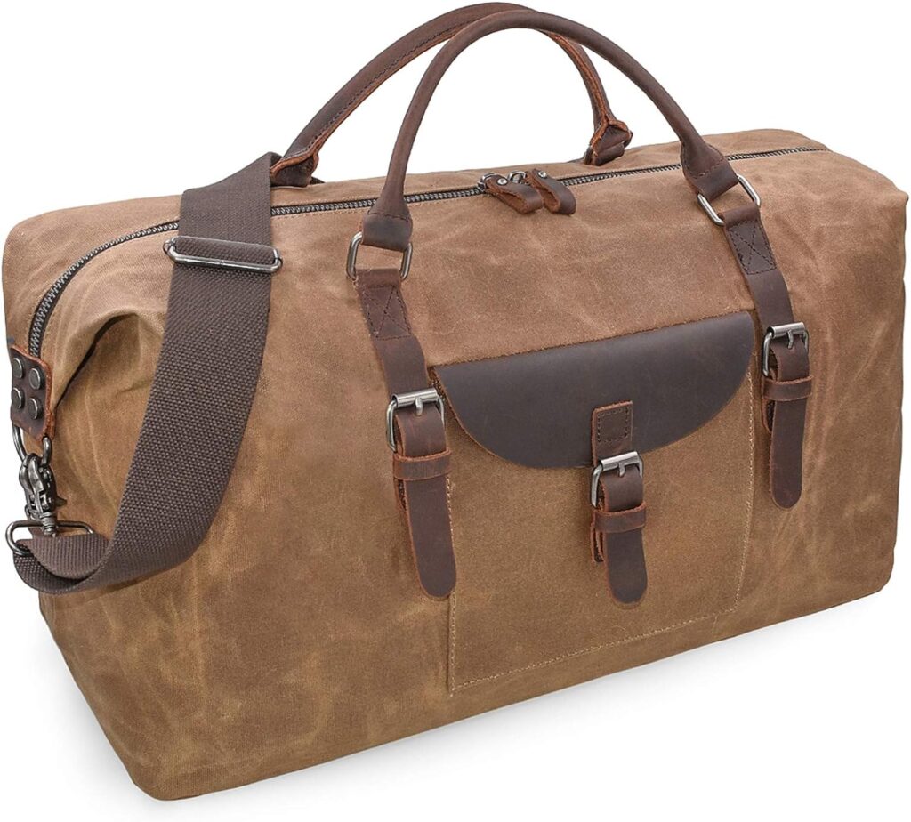 Oversized Travel Duffel Bag Waterproof Canvas Genuine Leather Weekend bag Weekender Overnight Carryon Hand Bag Brown