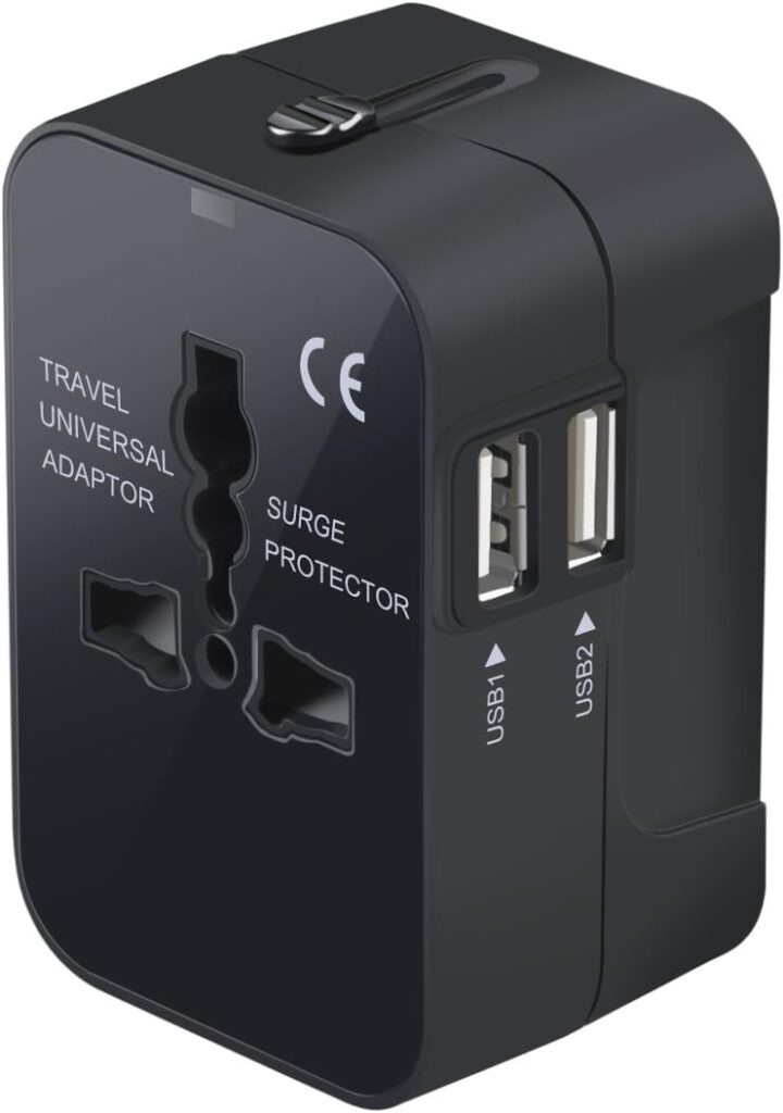 Travel Adapter, Worldwide All in One Universal Travel Adaptor Wall AC Power Plug Adapter Wall Charger with Dual USB Charging Ports for USA EU UK AUS Cell Phone Laptop Black